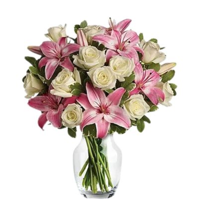 Pink Lilies White Roses In A Vase