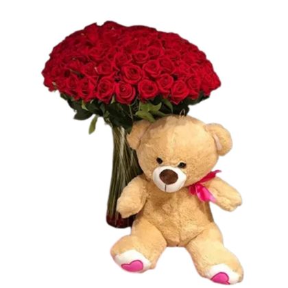 Red Roses In Vase Teddy