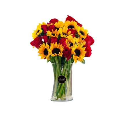 Sunflowers Red Roses In Vase