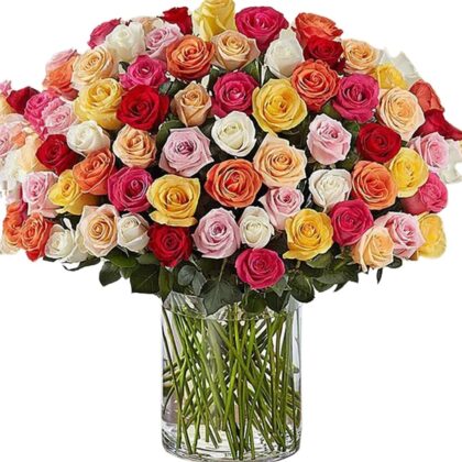 Bunch of 100 Mixed Roses In Glass Vase