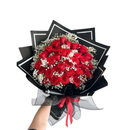 Classy Red Roses with Baby's Breath Bouquet